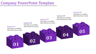 Purple 3D blocks resembling building bricks, numbered 01 to 05, arranged in a step layout with captions above.