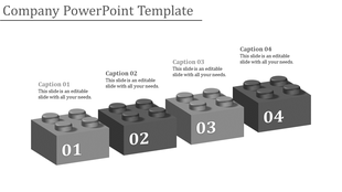 Grayscale company infographic with four ascending blocks numbered 01 to 04, representing steps or stages.