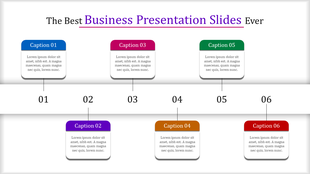 Business presentation slide with six steps, each featuring a caption and number from 01 to 06 in colorful boxes.