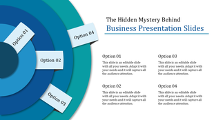 Business PPT template with four concentric circular options with placeholder text.