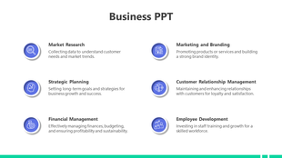 Business PPT template featuring six sections, each with an icon and a brief description of key business strategies.