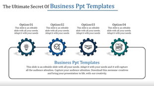 Business PowerPoint template featuring four gear icons with different options and descriptions for each option.