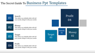 Four business concepts shown in numbered blue squares, aligned with placeholder text areas blocks.