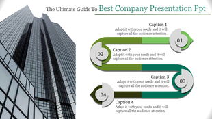 Company slide with a tall skyscraper on the left and four numbered captions with circular icons connected by green arrows.