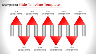 Timeline template with red arrows and metallic columns, displaying yearly milestones from 2016 to 2024 with placeholder text.
