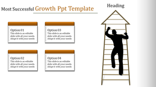 Growth PowerPoint template featuring four options and an image of a person climbing a ladder toward success.