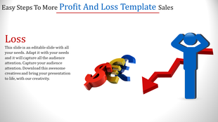 Profit and loss PowerPoint template showing a person with hands on head and falling currency symbols.