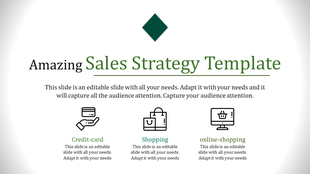 Sales slide with green text, a top diamond graphic, and three outlined icons with descriptions below.