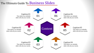 Business template featuring a central purple content area surrounded by six colorful arrow-shaped sections.