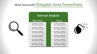 SWOT slide showing external analysis with Opportunity and Threat sections, illustrated with magnifying glass and bomb icons.