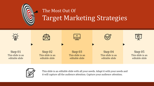A five step process diagram for target marketing strategies with icons representing each step with placeholder text.
