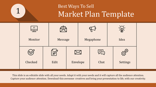 Market plan template with nine labeled icons, including monitor, message, chat, and settings, on a beige background.