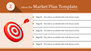 Orange themed market plan slide with a red bullseye and arrow on the left, and five steps listed on a white background.