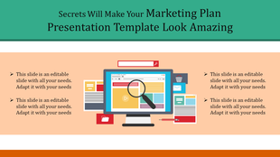 Marketing plan presentation template with a computer screen, a magnifying glass, and various documents surrounding it.
