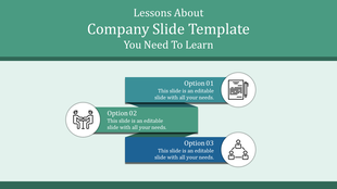 Digital company slide three rectangles labeled options 01, 02, and 03, with icons for writing, meeting, and organization.