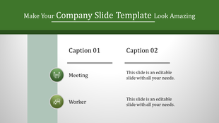 Split design with company slide captions, meeting and worker icons, and text placeholders on a gray gradient background.