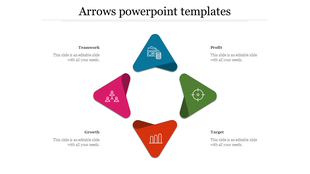 Four triangular arrows in blue, green, red, and pink with icons for money, target, growth, and teamwork.