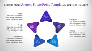 Arrow based slide showcasing five key business concepts, each represented by a triangle with a corresponding icon.