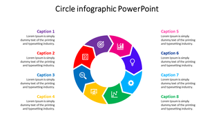 Circle infographic PowerPoint template with eight segments, each represented by a colorful icon with captions.