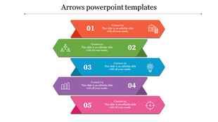 Five colorful horizontal arrows stacked vertically, numbered 01 to 05, with icons and text placeholders.