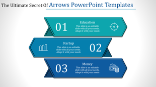 Three horizontal arrows in blue hues, stacked vertically with numbers 01 to 03, each featuring icons and text.