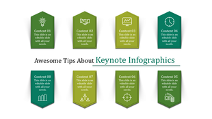 PowerPoint slide presenting tips about keynote infographics, featuring eight content boxes with icons.