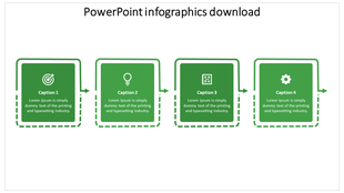 Infographics PowerPoint slide with four sections, each with a different icon and description, in green boxes.