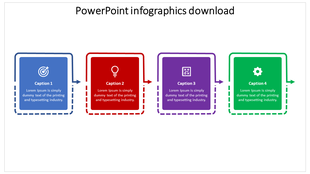 Infographic PowerPoint slide with four colorful blocks in blue, red, purple, and green, each with an icon and caption.