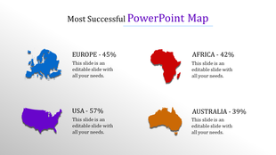 Slide showing four colorful country maps in blue, red, purple, and orange, associated with percentages and captions.