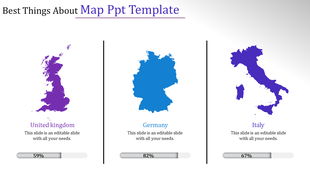 Three maps in violet, blue, and purple, each with titles and progress bars indicating percentages below.