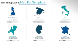 Map based slide with countries like the UK, Spain, Italy, Netherlands, Germany, and France, each displaying a progress bar.