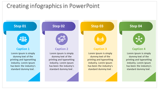 Slide on creating infographics in PowerPoint, outlining four steps with icons and placeholder captions.