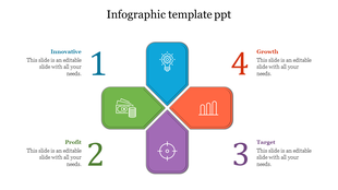 Colorful infographic template with four icons representing innovation, profit, target, and growth with captions.