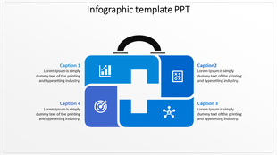 Blue suitcase infographic divided into four sections with icons, a cross in the center, and text captions on both sides.