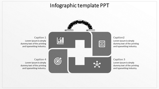 Infographic slide with icons representing analytics, strategy, target goals, and connections within a grey suitcase design.