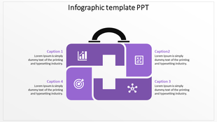 Infographic template with four purple blocks containing icons and captions, arranged in a suitcase like layout.