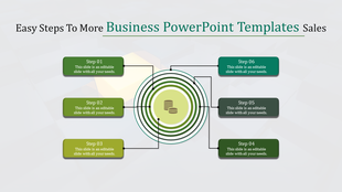Infographic showing six sequential steps around a central circle with stacked coin graphic for business processes.