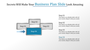 Business plan slide with four steps, including step 4 highlighted in blue, and matching captions listed on the right.