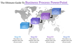 Business process infographic with four blocks in blue and purple, showing steps 1 to 4 with icons for process flow.
