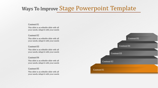 Business slide showing a five step staircase in gray with an orange base, paired with text on the left.