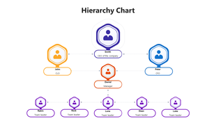 Organizational chart with three tiers of hexagonal icons in blue, orange, and purple representing various positions.