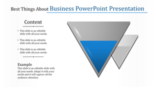 Business PowerPoint slide with three triangular shapes, featuring a blue triangle in the center and two gray triangles.