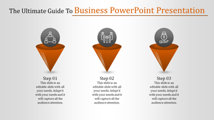 Business themed slide with three orange 3D cones, each topped with gray circular icons and steps labeled below.