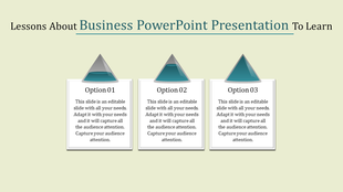 PowerPoint slide with three options, each represented by a triangle shape and a text box for business presentation lessons.
