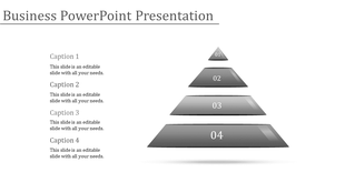 Monochrome business PowerPoint slide featuring a four layered pyramid with captions for hierarchical presentation.