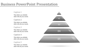 Gray pyramid diagram PowerPoint template with five levels, each labeled from 01 to 05, paired with captions.