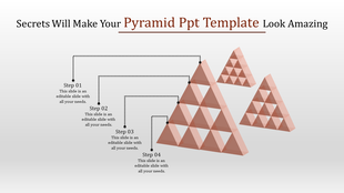 PowerPoint slide with four steps connected to triangular pyramids, demonstrating a process with dotted arrows.