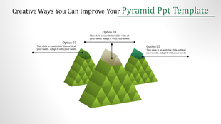 PowerPoint slide featuring three green pyramids with dotted lines connecting three options to each pyramid.