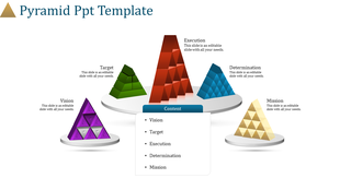 Five triangular 3D pyramids in purple, green, red, blue, and yellow with a central content area listing key points.
