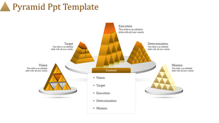 Gold-colored pyramid-themed slide with a central content list and labeled sections including vision and mission.